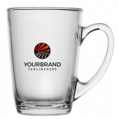 kaffemugg i glas med handtag med logo