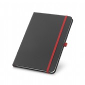 Svart anteckningsblock i läder imitation.