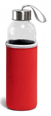 Glasflaska med mjukt färgat fodral.