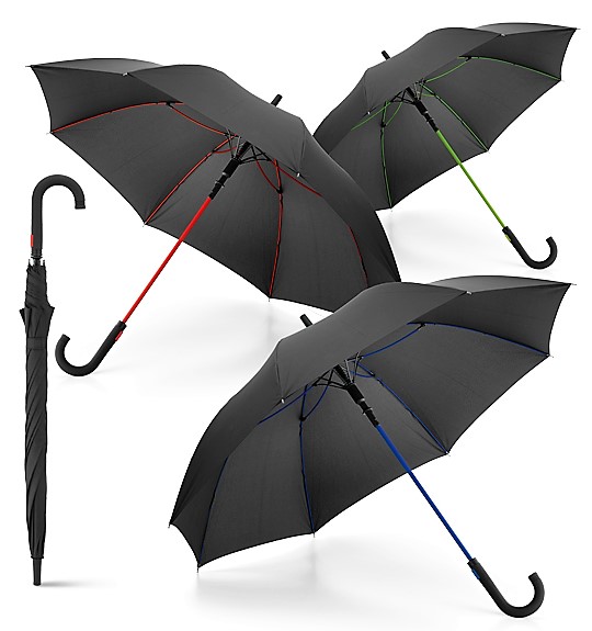 Svart paraply med kontrastfärg på skaftet